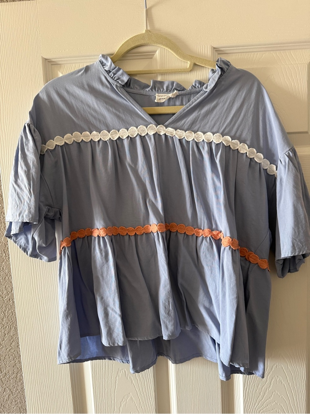 Light Blue Ruffle Trim Peasant Blouse with Contrast Bands